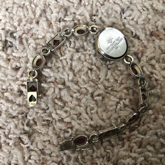 Vintage Japan Sterling Silver Garnet Diamond Red Gemstone Marcasite Tennis Watch - Picture 5 of 7